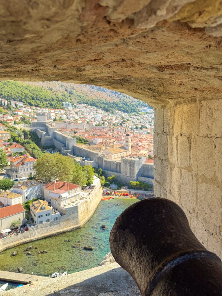 View from a stone fortress looking out at a coastal city with red-roofed buildings and a harbor, featuring a cannon in the foreground.